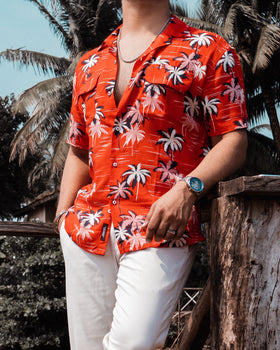 Red Tropical Print Cuban Shirt